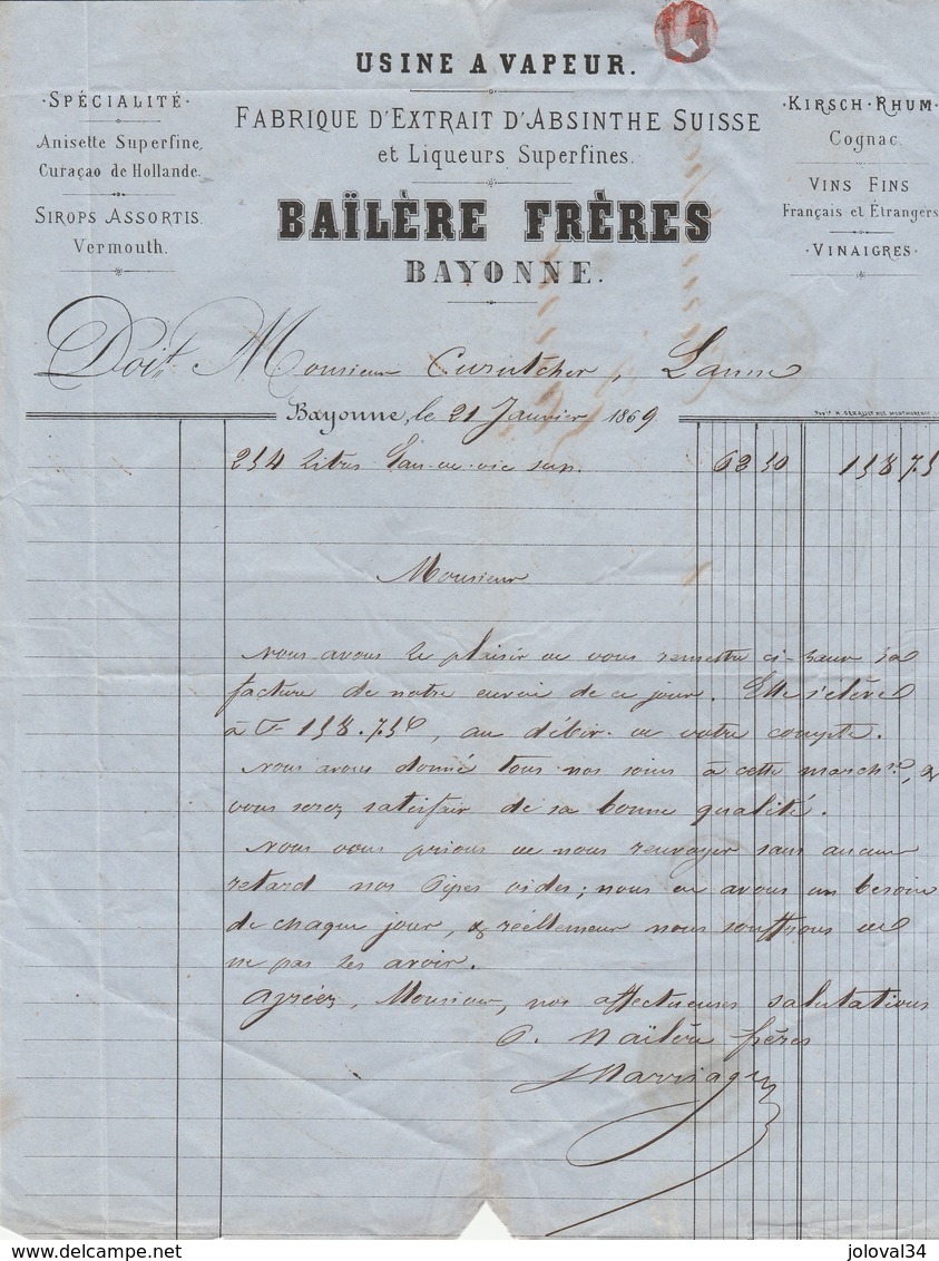 Yvert 29 Lettre Entête Baïlère  Absinthe BAYONNE Basses Pyrénées 22/1/1869 à Lanne Par Aramits Passe Pau - 1849-1876: Periodo Classico