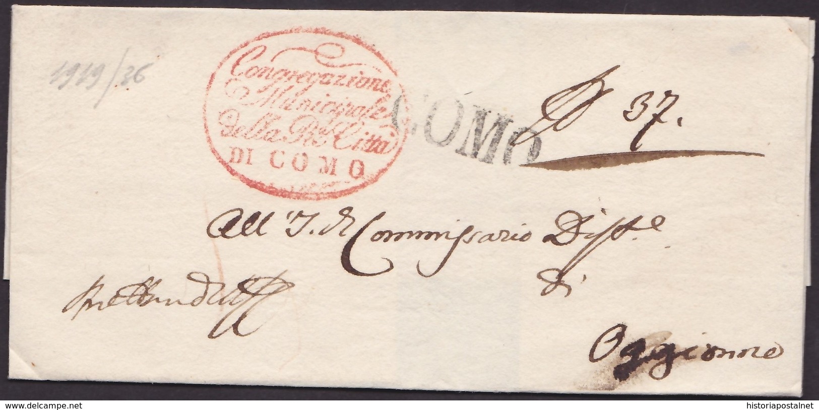 1825. COMO A OGNIONE. MARCA LINEAL COMO Y ESPECTACULAR FRANQUICIA. CERT. DE OFICIO. MUY BONITA ENVUELTA. - 1. ...-1850 Prephilately