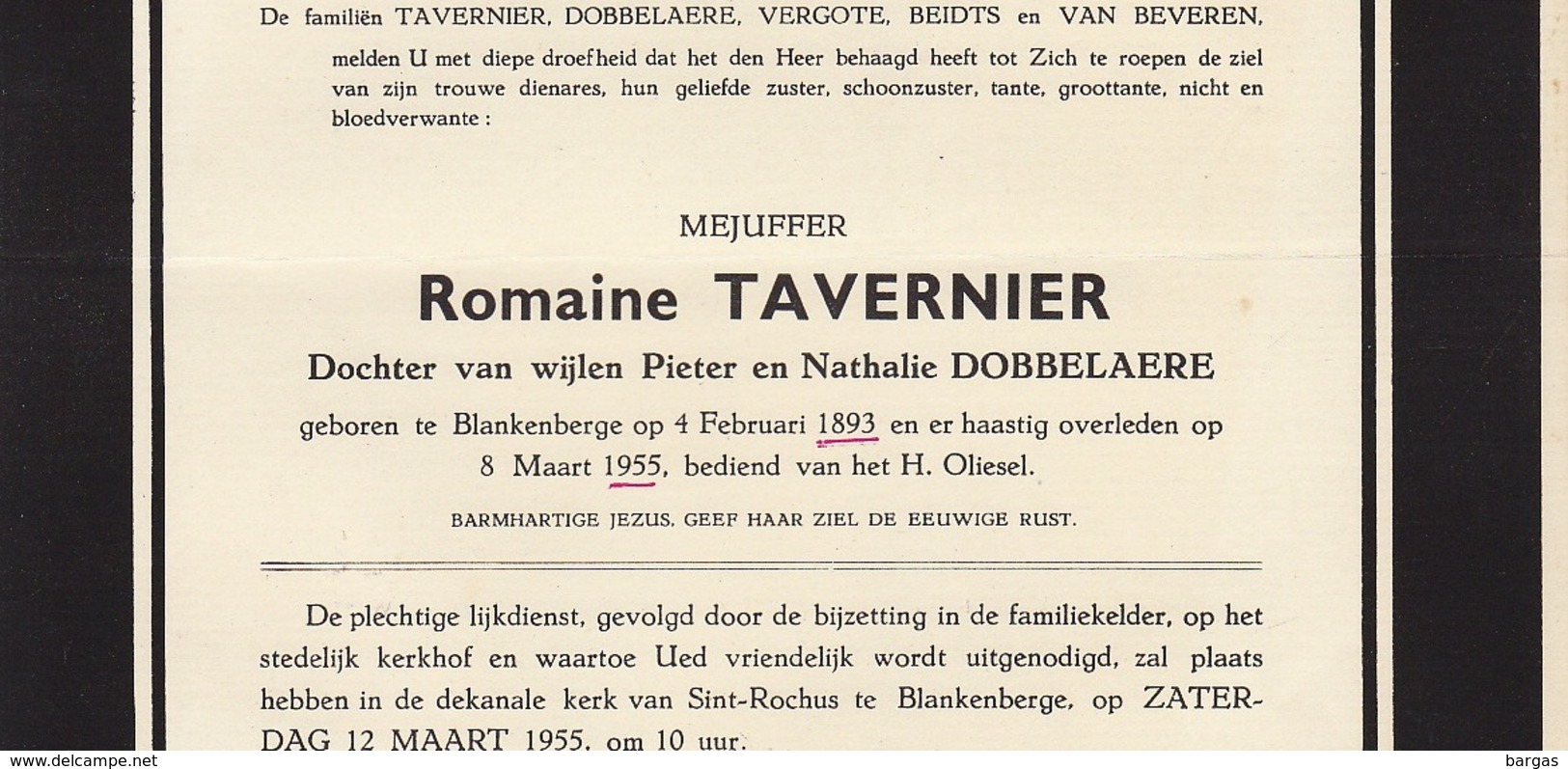 Faire Part De Décès Romaine Tavernier Blankenberge - Overlijden