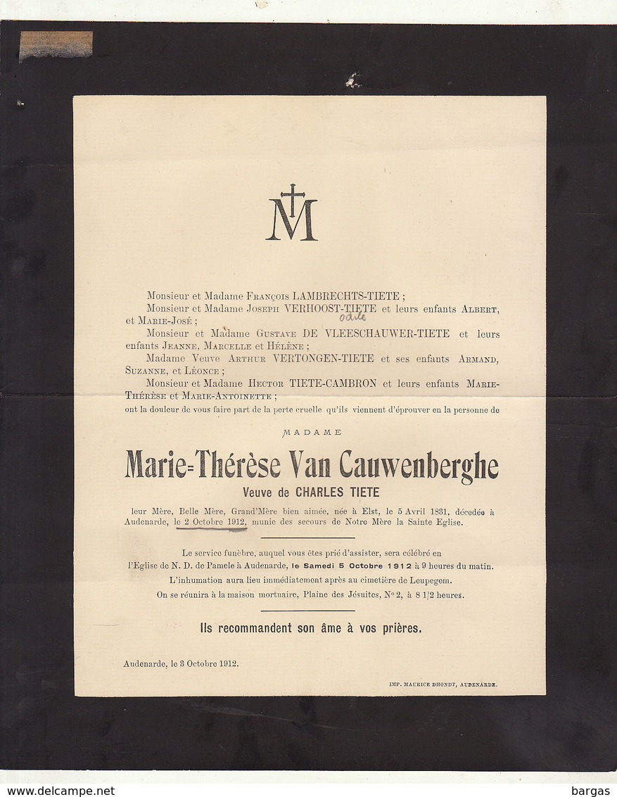 Faire Part De Décès Marie Van Cauwenberghe Tiete Audenarde - Décès