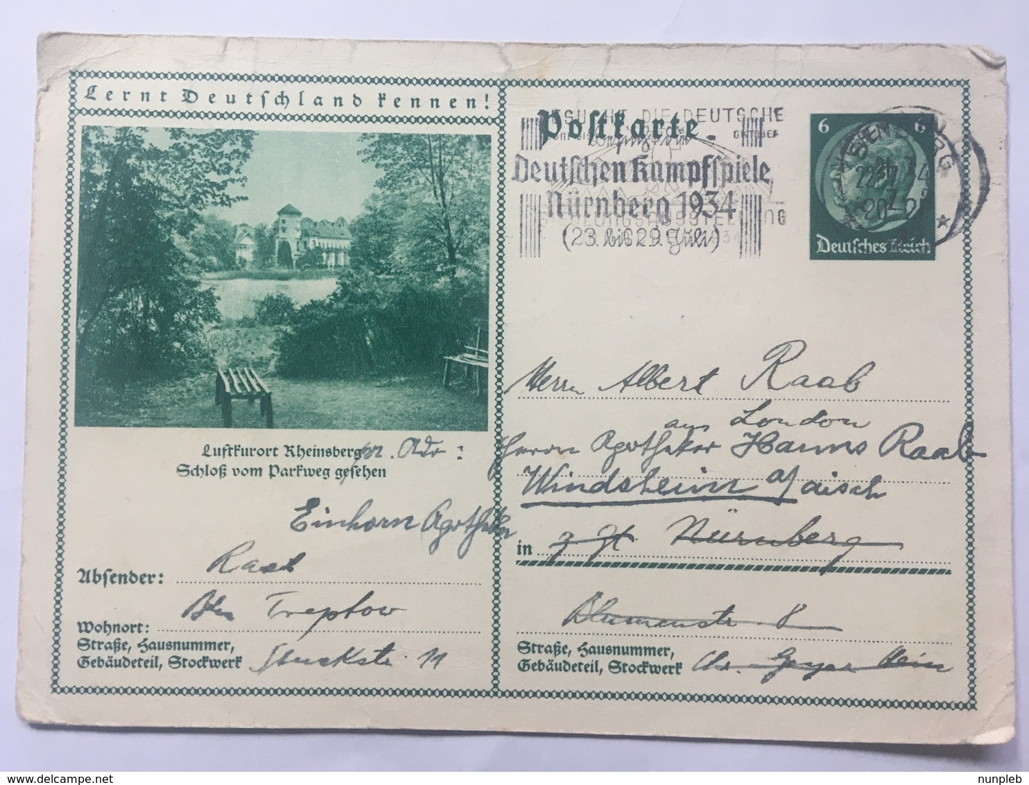 GERMANY 1934 Postkarte Mi P 232 0100 Nurnberg Internal Re-directed To Windsheim - Lettres & Documents