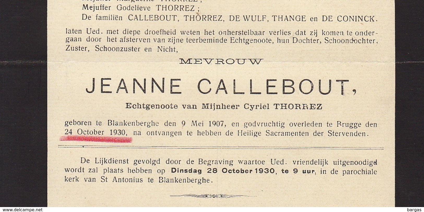 Faire Part De Décès Jeanne Callebout Thorrez Blankenberge - Overlijden