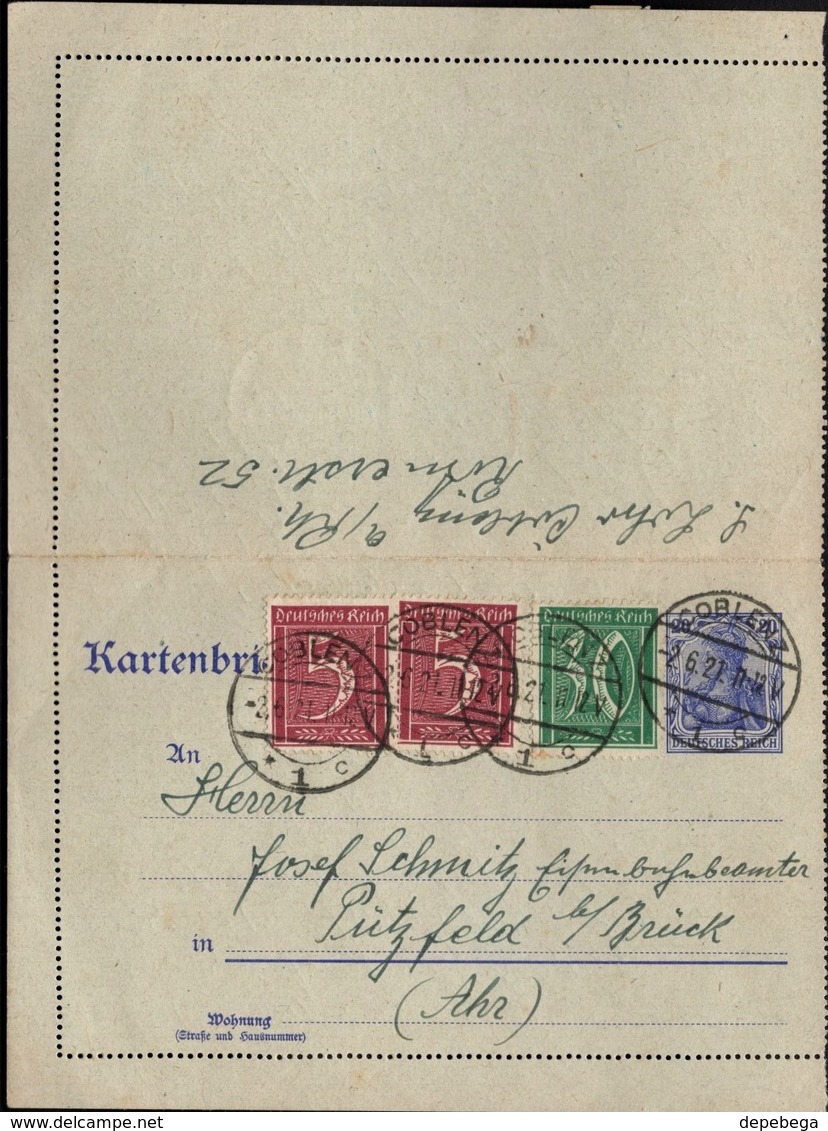 Germany - Stationery Letter Card, Kartenbrief (Mi. K 18) Zf. Mi. 158, 162, Koblenz Cöblenz, 2.6.1921- Pützfeld B. Brück. - Sonstige & Ohne Zuordnung