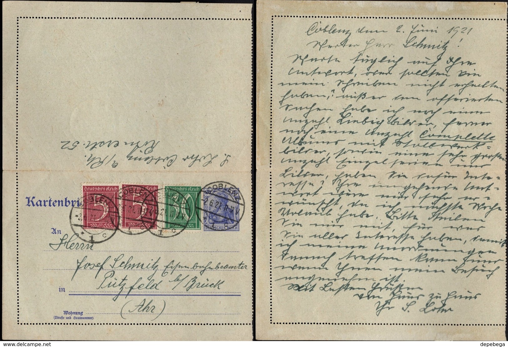 Germany - Stationery Letter Card, Kartenbrief (Mi. K 18) Zf. Mi. 158, 162, Koblenz Cöblenz, 2.6.1921- Pützfeld B. Brück. - Sonstige & Ohne Zuordnung