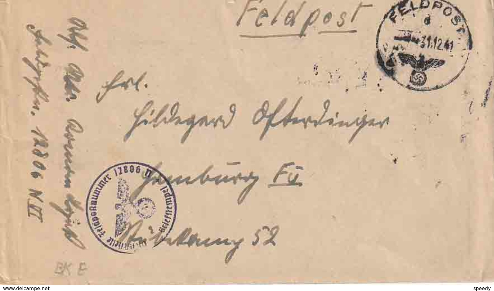 WO 2 : FELDP. Bf "FELDPOST / D/ 31.12.41" + "Dienststelle FP¨Nr 12806 N"  (= MARINE STAMM Rgt. B E V E R L O O)  RRR !!! - Guerre 40-45 (Lettres & Documents)