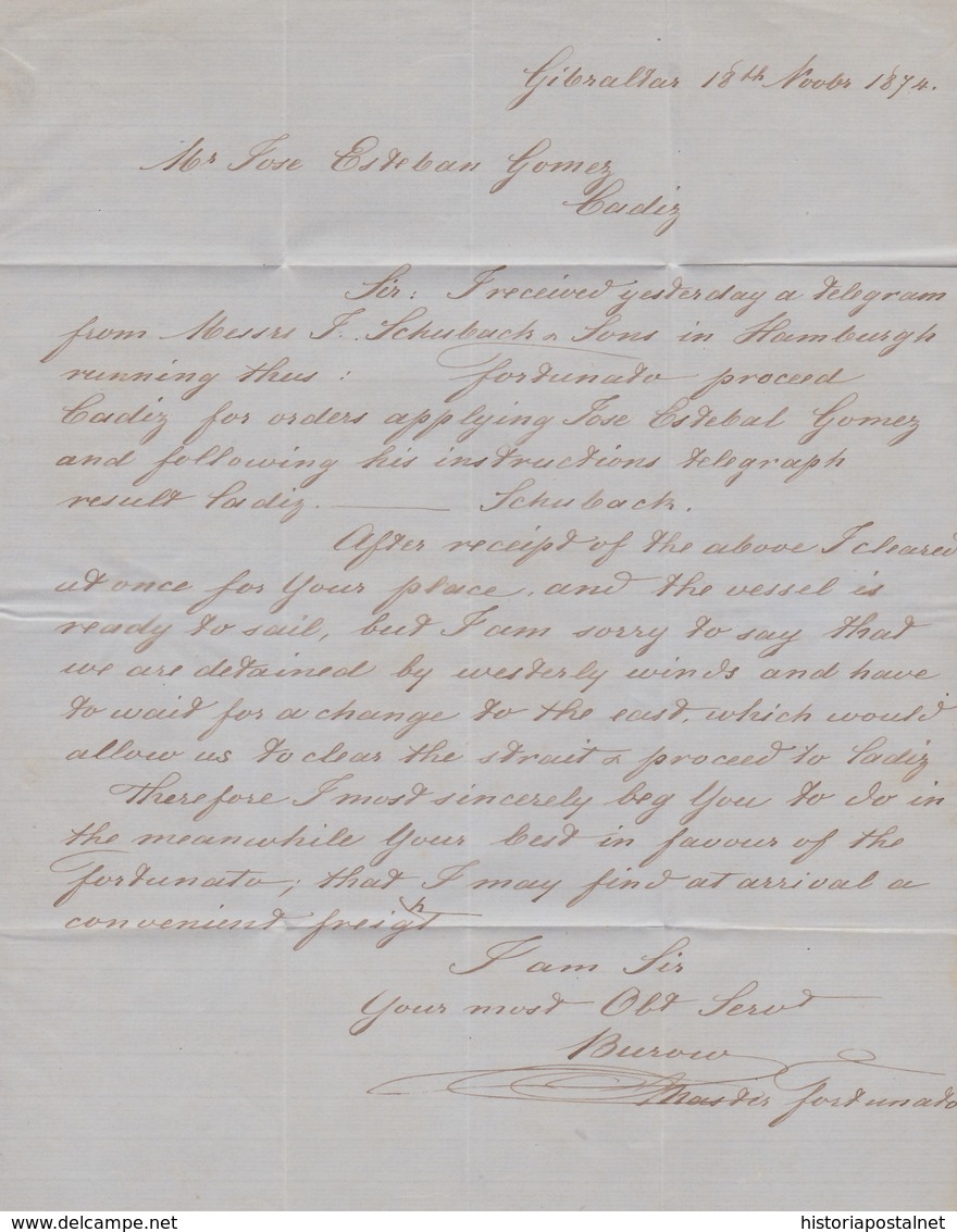 1857. GIBRALTAR A CÁDIZ. 4 CUARTOS ROJO MAT. PARRILLA. FECHADOR Y TASA 2 PENIQUES. MNS. POR VAPOR. MUY RARA INTERESANTE. - Gibraltar