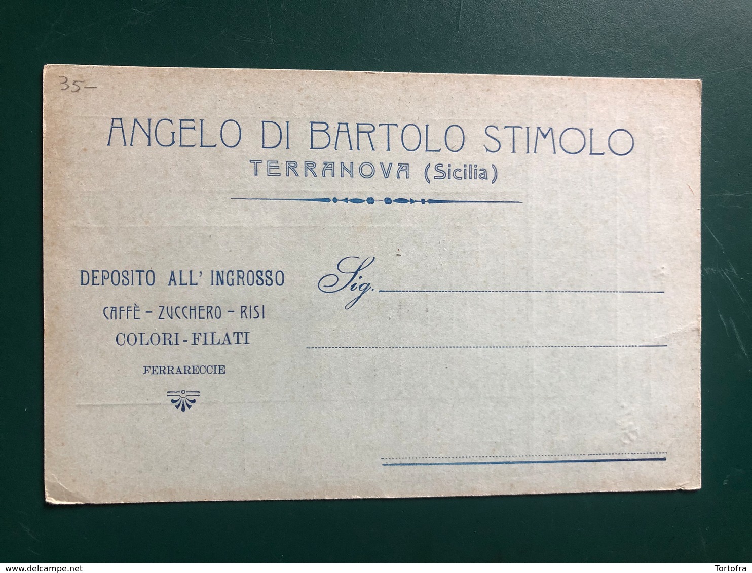 TERRANOVA DI SICILIA  GELA (CALTANISSETTA)  ANGELO DI BARTOLO STIMOLO DEPOSITO ALL'INGROSSO CAFFE' ZUCCHERO RISI 1917 - Gela