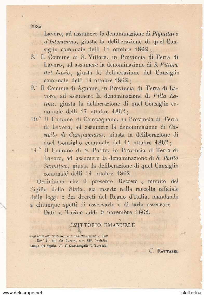 1862 TERRA DI LAVORO CASERTA 2 DECRETI CON CUI SI AUTORIZZA A VARI COMUNI DI CAMBIARE NOME - Sonstige & Ohne Zuordnung