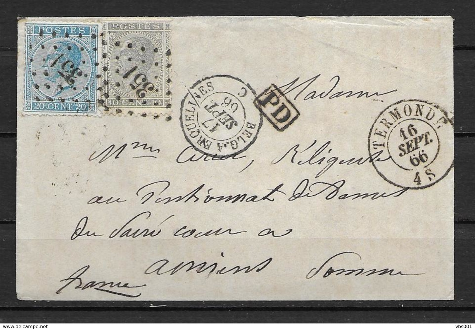 OBP17 En 18 Op Brief Uit 1866 Vanuit Termonde Naar Amiens (France) Met Amb. Stempels Belg. à Erqueline En France Midi II - 1865-1866 Linksprofil