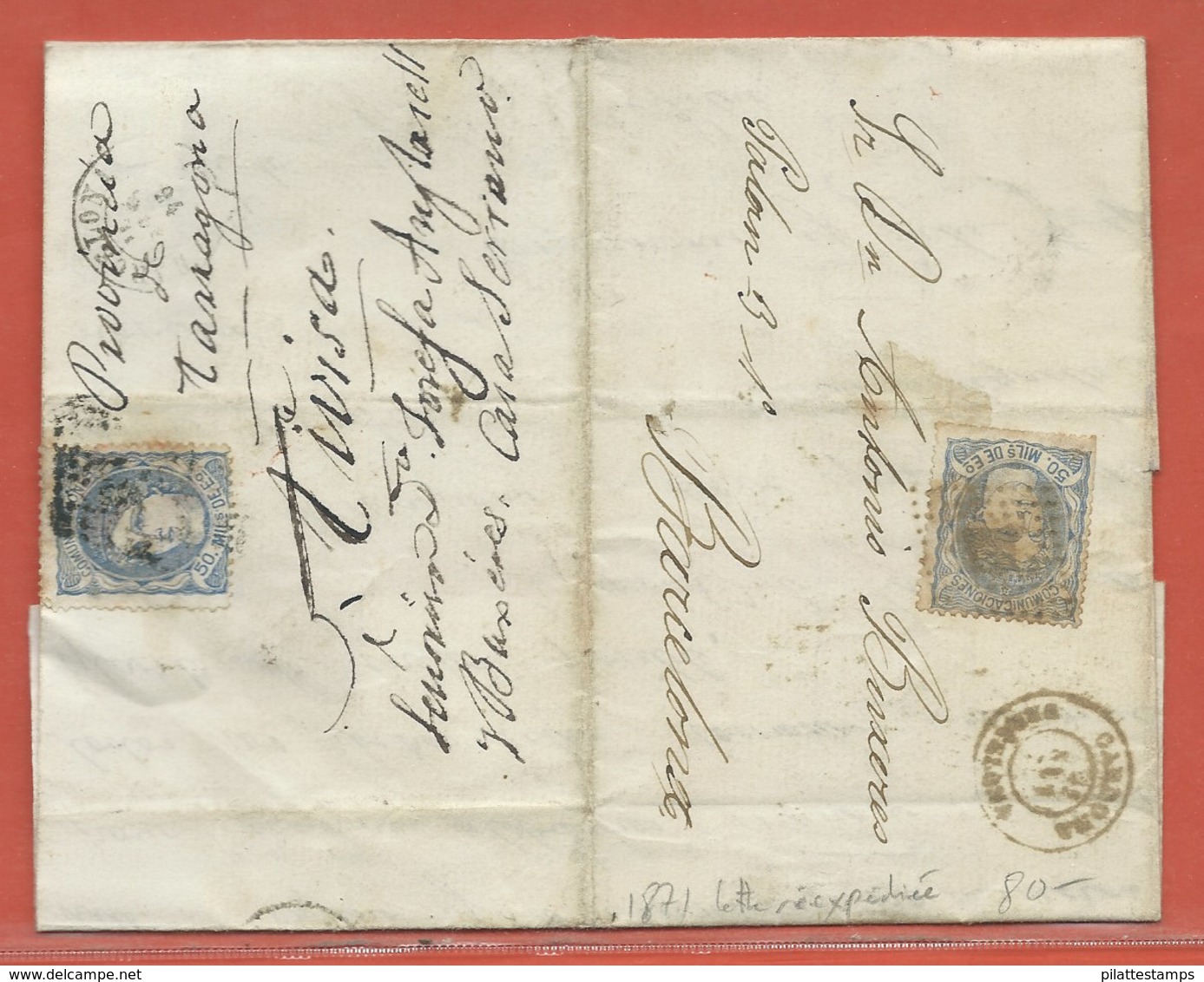 ESPAGNE LETTRE REEXPEDIEE DE 1871 DE TARRAGONE POUR BARCELONE - Lettres & Documents