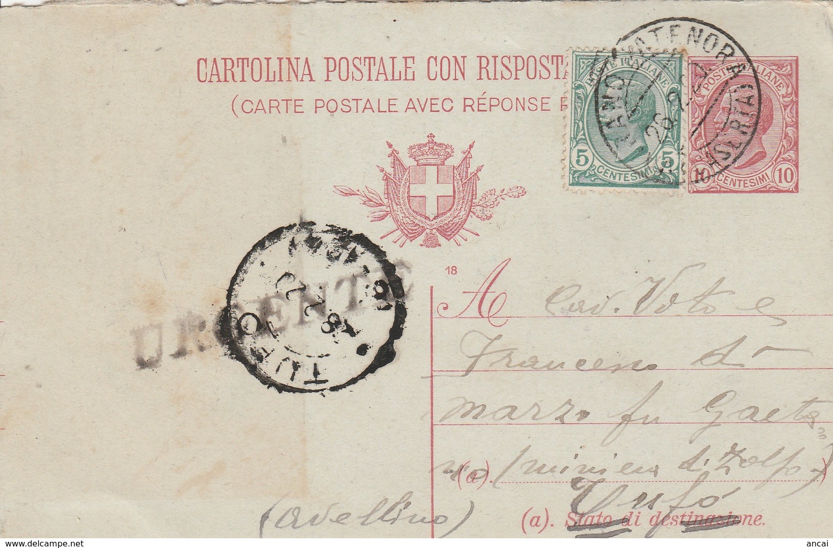 Vairano Patenora. 1920. Annullo Guller VAIRANO PATENORA (CASERTA), Su Cartolina Postale. ....URGENTE Stampatello Diritto - Storia Postale