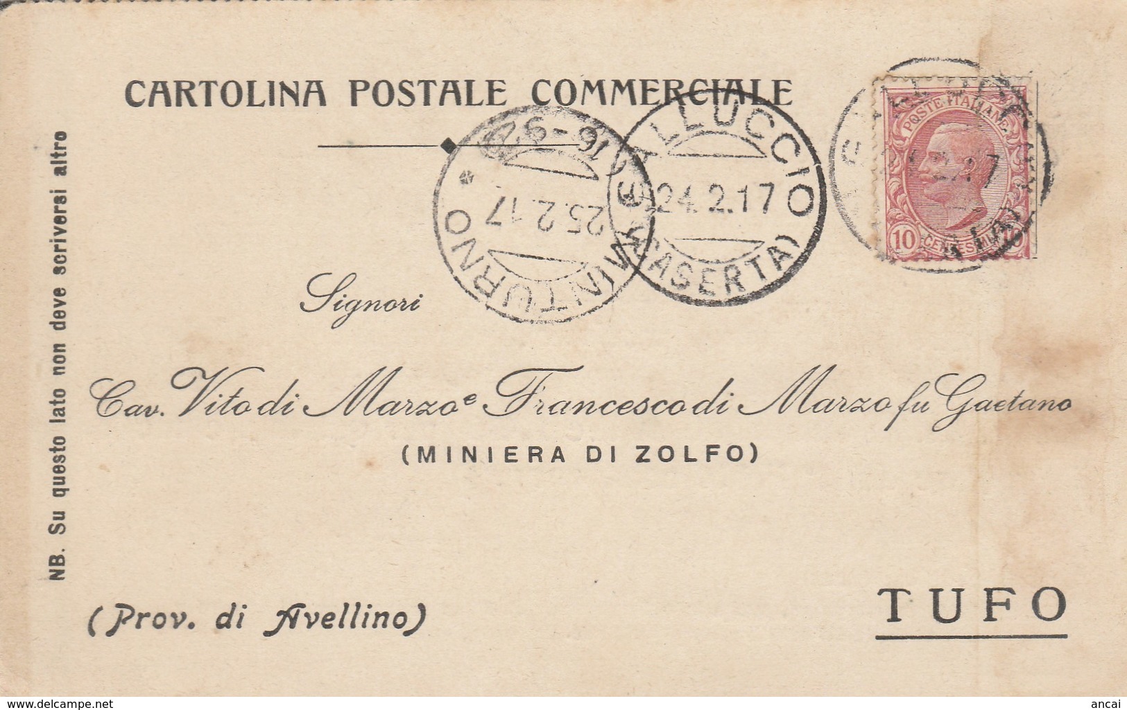 Galluccio. 1917. Annullo Guller  GALLUCCIO (CASERTA) + Frazionario MINTURNO ( 16 - 92 ), Su Cartolina Postale. - Storia Postale