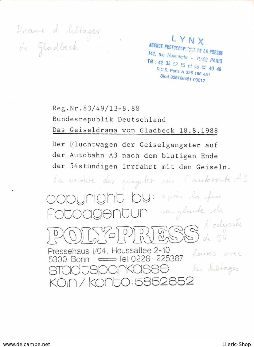 7 Silberdrucke von LYNX Press  Geiselnahme nach dem Angriff auf eine Bank in GLADBECK 08/1988 -