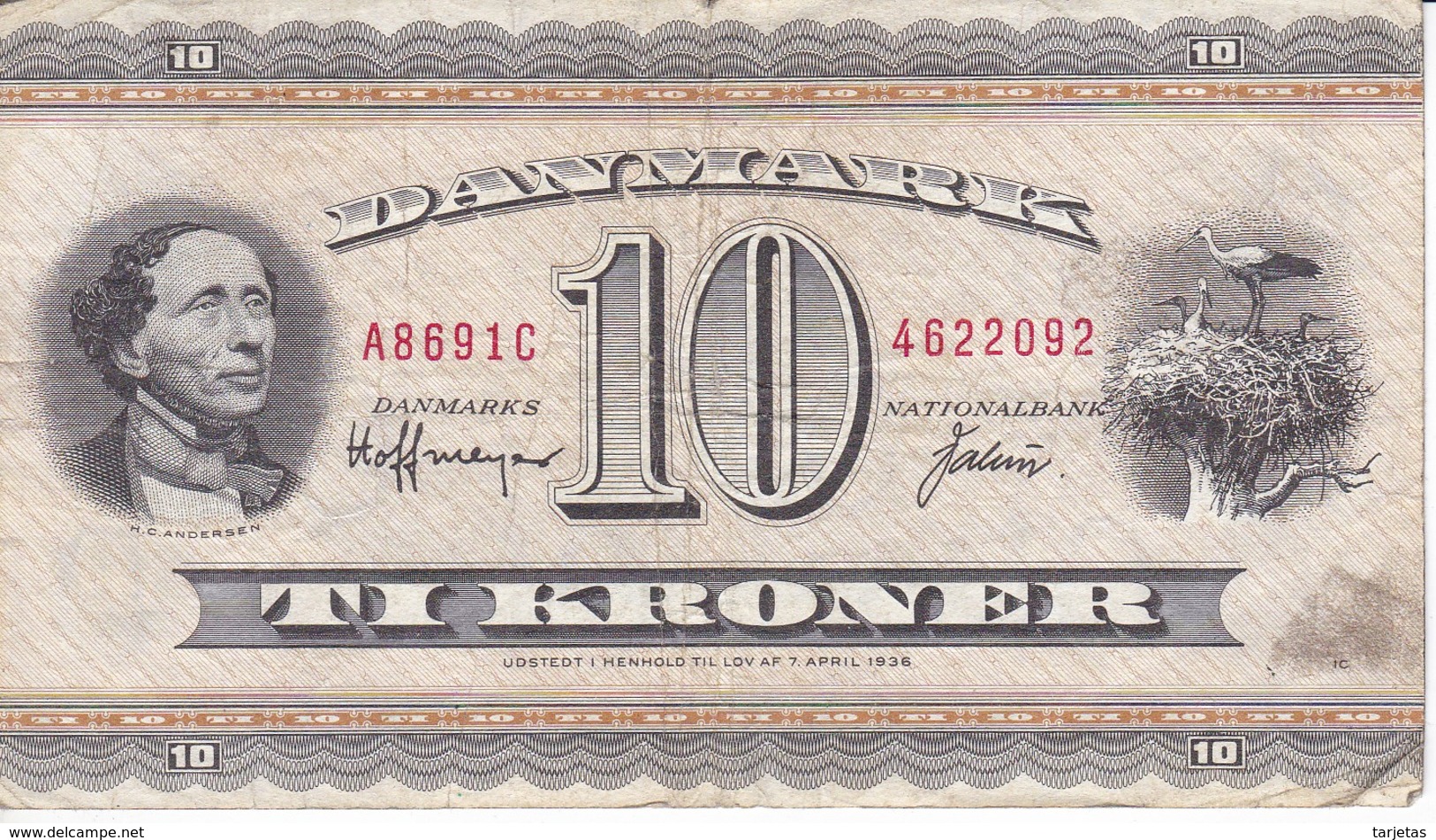 BILLETE DE DINAMARCA DE 10 KRONER DEL AÑO 1936 DIFERENTES FIRMAS (BANK NOTE) MOLINO-MOULIN-MILL - Dinamarca