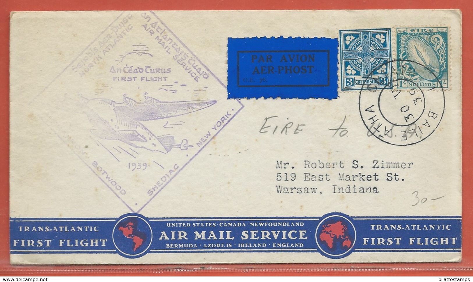 IRLANDE LETTRE PREMIER VOL DE 1939 POUR WARSAW ETATS UNIS - Airmail