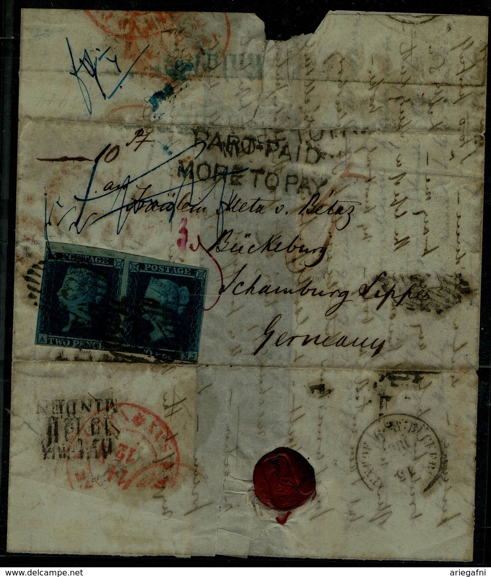 GREAT BRITAIN 1849 LETTER SENT IN 1849 WITH PAIR TWOPENCE BLUE IMPERF AND WITH TO PAY VF !! - Lettres & Documents