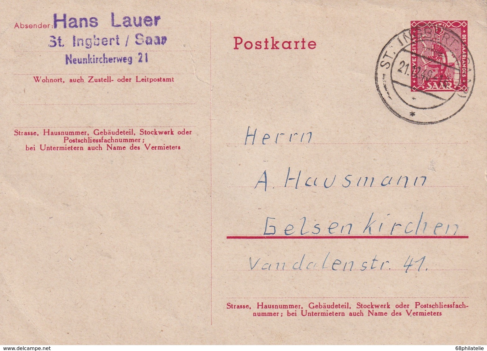 SAAR   ENTIER POSTAL/GANZSACHE/ POSTAL STATIONERY CARTE DE ST.INGBERT - Entiers Postaux