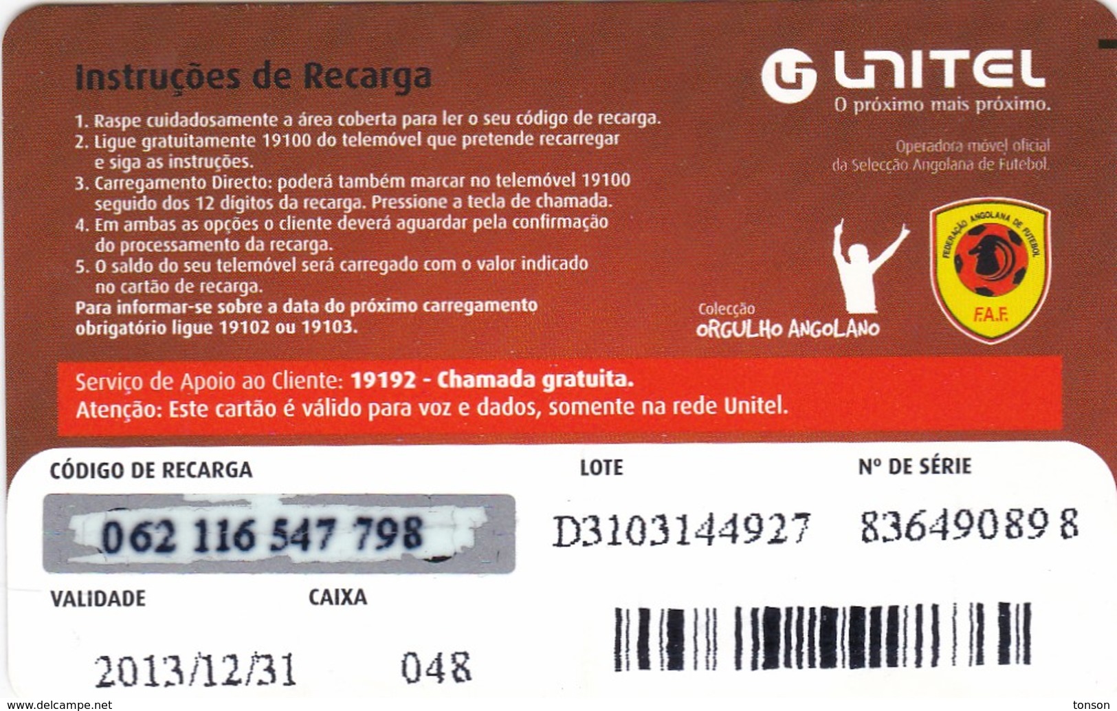 Angola, AO-UNI-REF-?, Unitel 125 UTT, Garra, Football, 2 Scans.  Expiry : 2013/12/31 - Angola