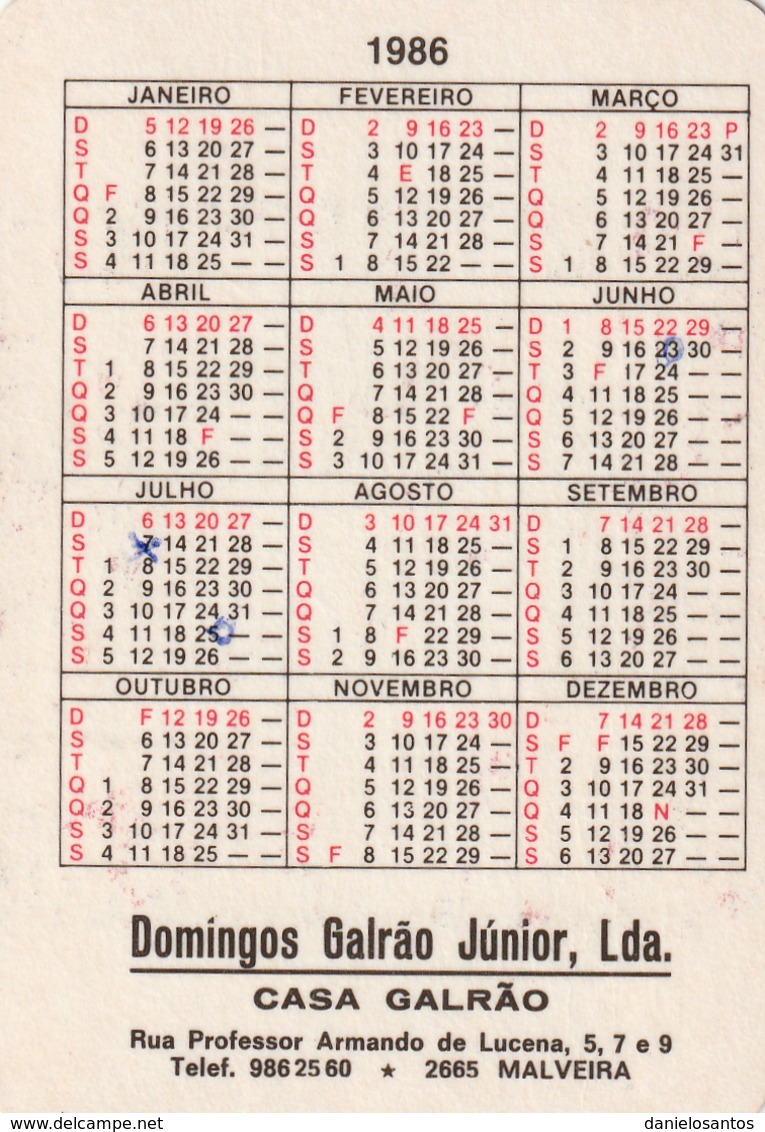 1986 Pocket Calendar Calandrier Calendario Portugal Frutas E Legumes Fruits And Vegetables Legumes Verduras - Grand Format : 1981-90