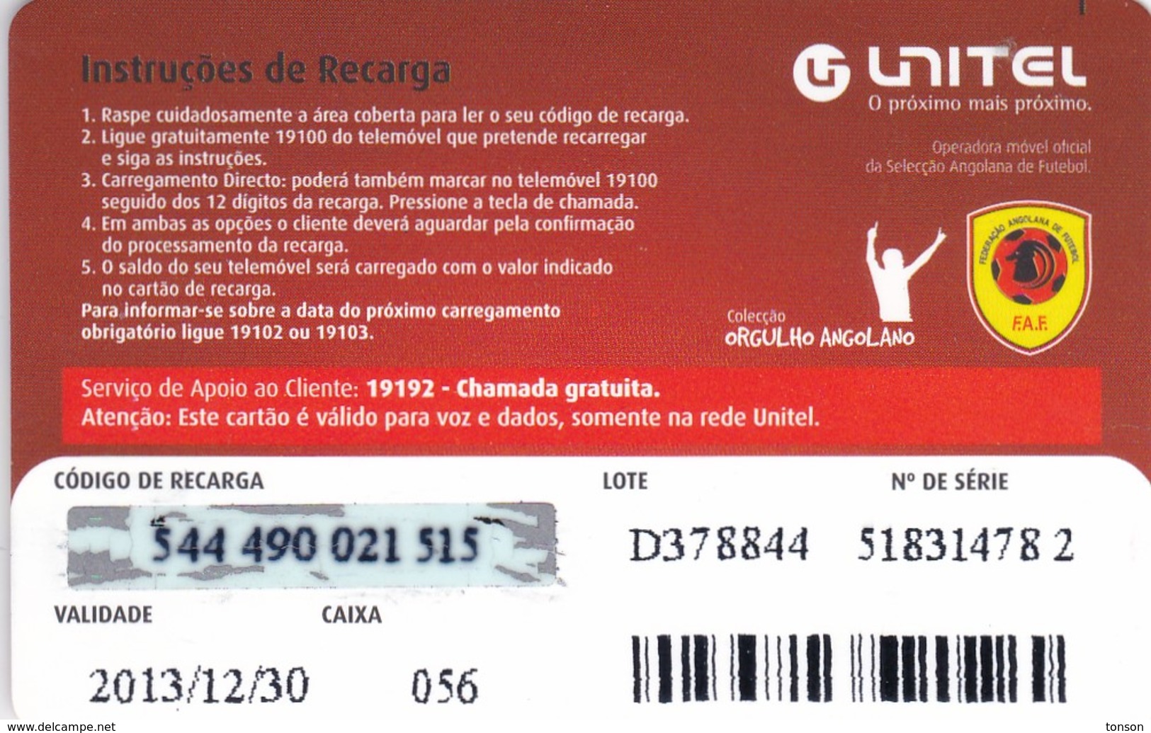 Angola, AO-UNI-REF-?, Unitel 125 UTT, Ambicao, Football, 2 Scans.  Expiry : 2013/12/30 - Angola