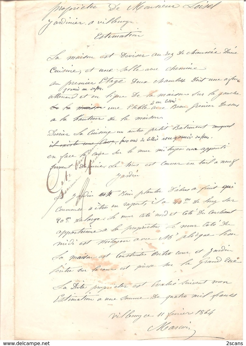 77 - VILLENOY - 1864 - Estimation De La Propriété De Monsieur LOISEL, Jardinier à Villenoy - (environs De Meaux) - Villenoy