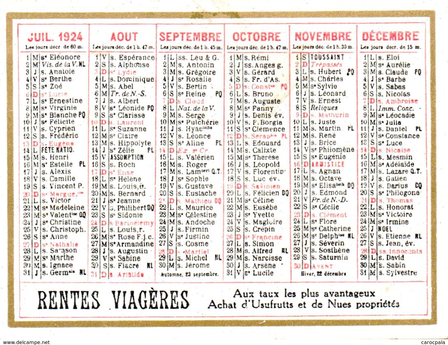 Mini Calendrier 1924 Publicité Phénix Assurances Et Rentes Viagères - Petit Format : 1921-40