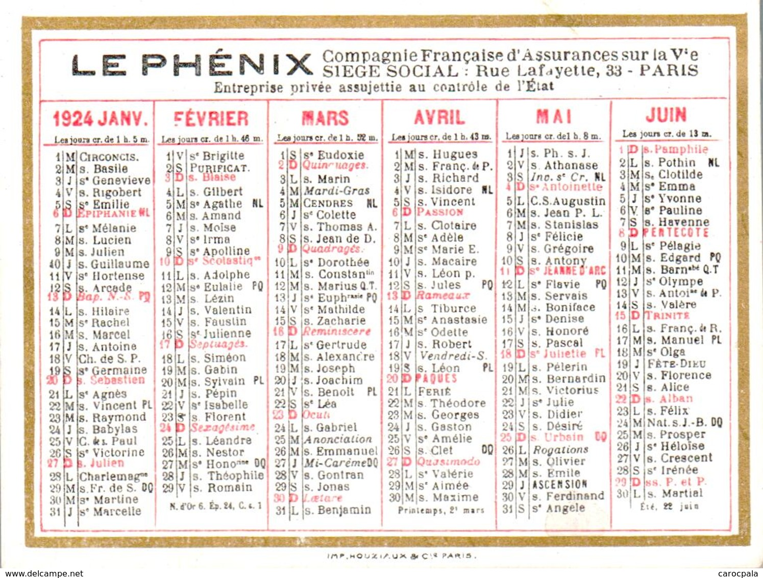 Mini Calendrier 1924 Publicité Phénix Assurances Et Rentes Viagères - Petit Format : 1921-40