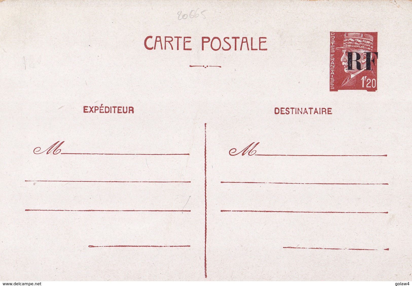 20665# ENTIER POSTAL PETAIN 1.20 Franc BRUN CARTE POSTALE D4 SURCHARGE RF TIRAGE D' ORLEANS LOIRET LIBERATION - Cartes Postales Types Et TSC (avant 1995)