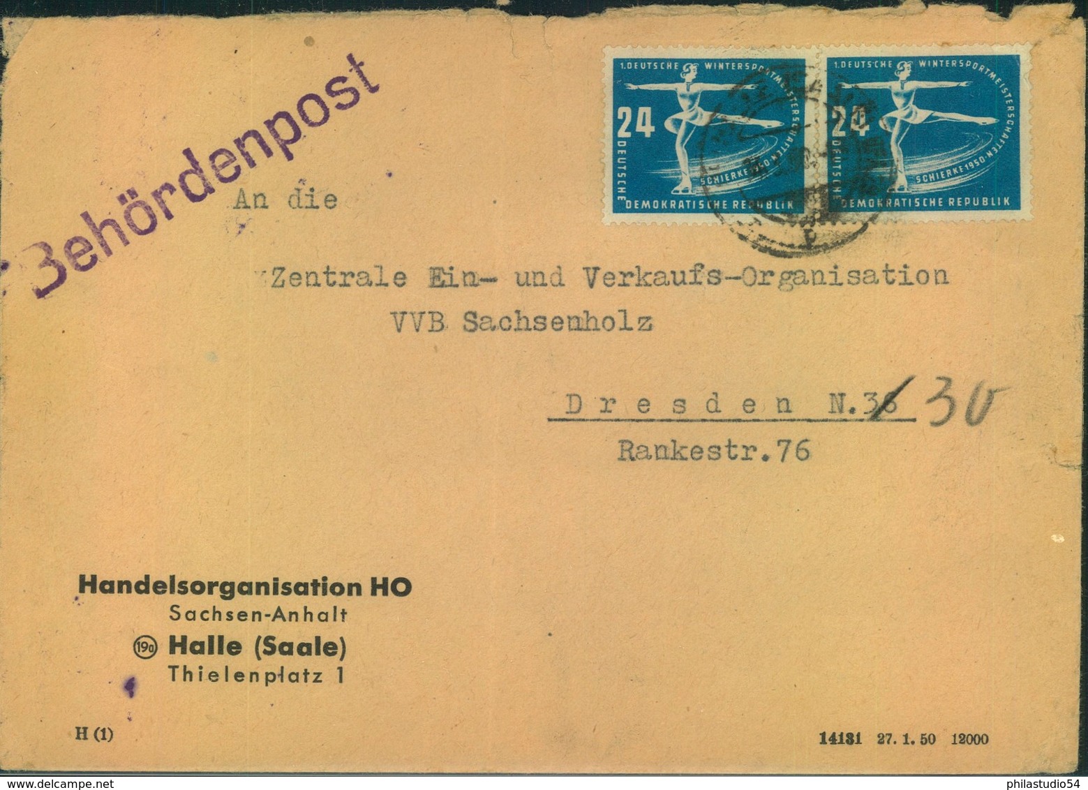 1950, 24 Pfg. Wintersport 2-mal Auf Behördenpost 2. Gewichtsstufe, Seltene Verwendung - Cartas & Documentos