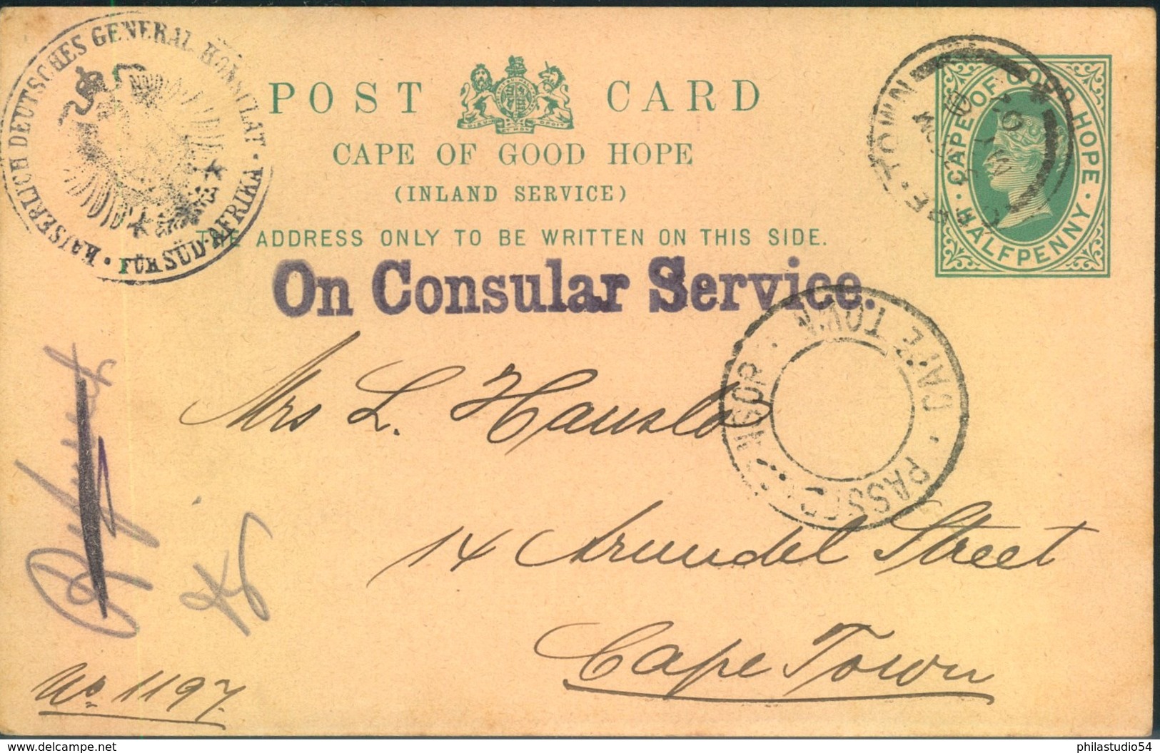 1902,  1/2 Penny Stat. Card Within CAPETOWN "PASSED BY CENSOR", Sender German Generalconsulate -Boerwar - Cap De Bonne Espérance (1853-1904)