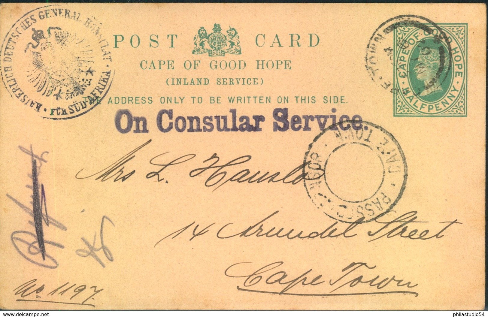 1902,  1/2 Penny Stat. Card Within CAPETOWN "PASSED BY CENSOR", Sender German Generalconsulate -Boerwar - Cape Of Good Hope (1853-1904)