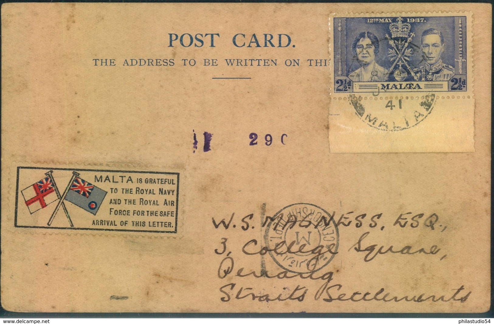 1941, Card From VALETTA To Penang, Straits Settlements With Egytina Censor - Malta
