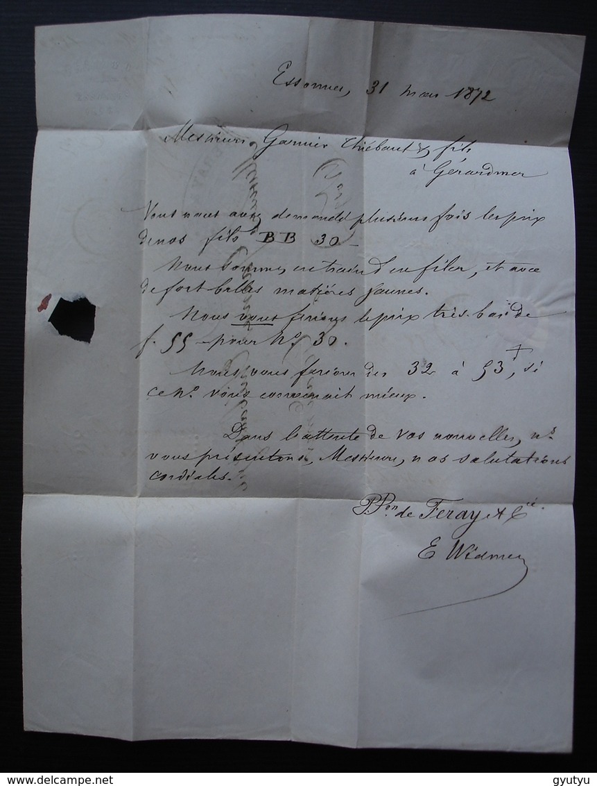 Essonnes 1872 Gc 1423 Feray & Cie Lettre Pour Gerardmer - 1849-1876: Période Classique