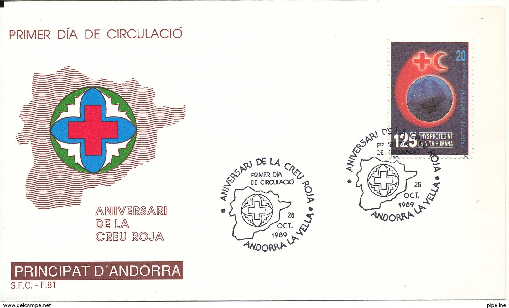 Spanish Andorra FDC 26-10-1989 RED CROSS Red Crecent With Cachet - Briefe U. Dokumente