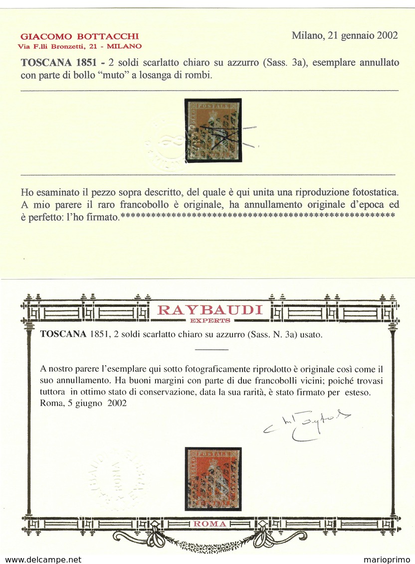 Toscana 2 Soldi Scarlatto Chiaro Su Azzurro Ampi Margini Usato (Certificato Raybaudi, Bottacchi) Sassone N.3a - Toscana