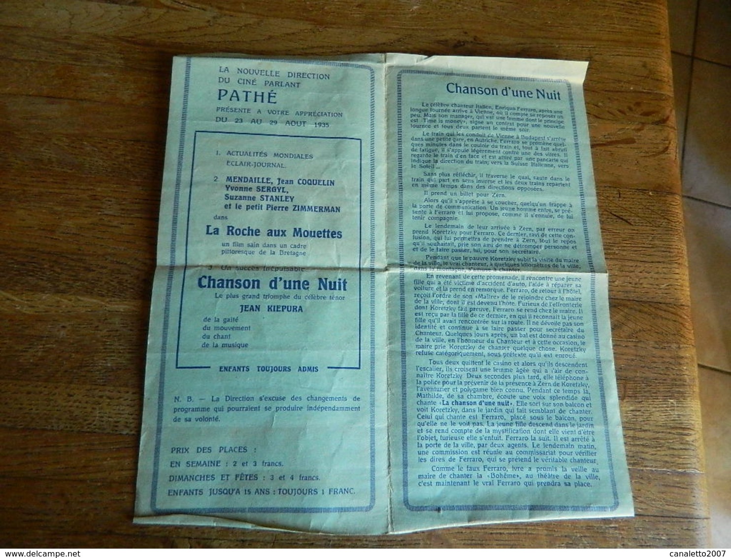 NAMUR:TRES BEAU PROGRAMME DU CINEMA PATHE 18 RUE DES DAMES BLANCHESAOUT 1935- CHANSON D'UNE NUIT - Pubblicitari