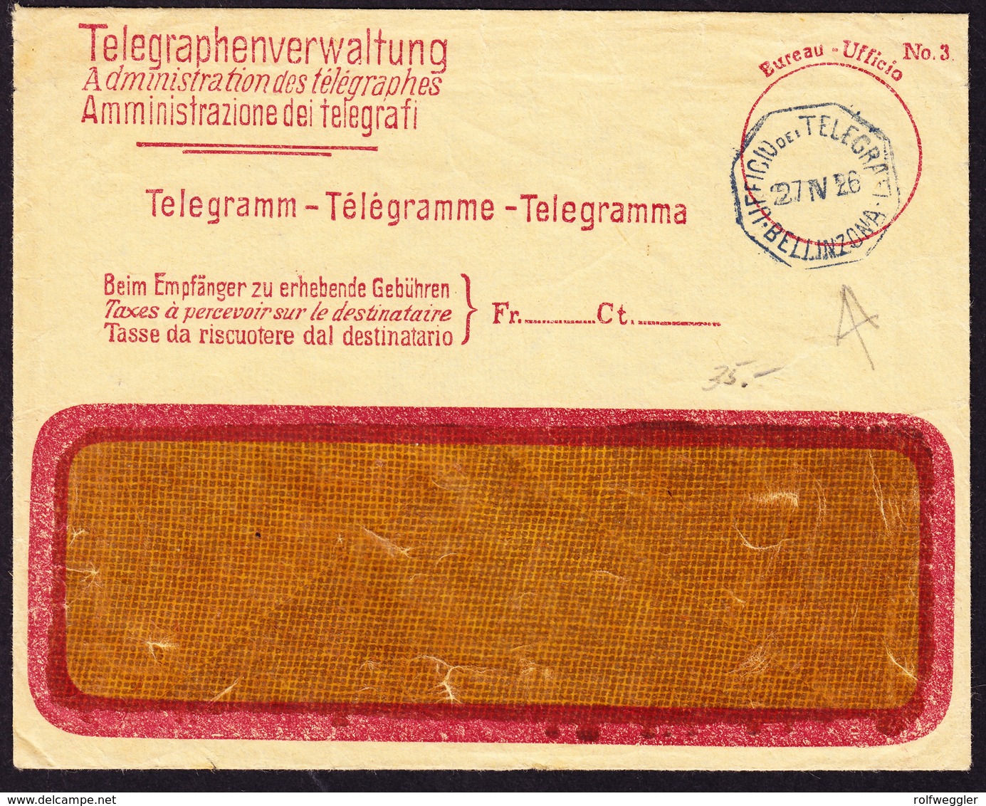 1926 Telegramm Couvert Mit Inhalt Aus Bellinzona. Gebrauchsspuren - Télégraphe