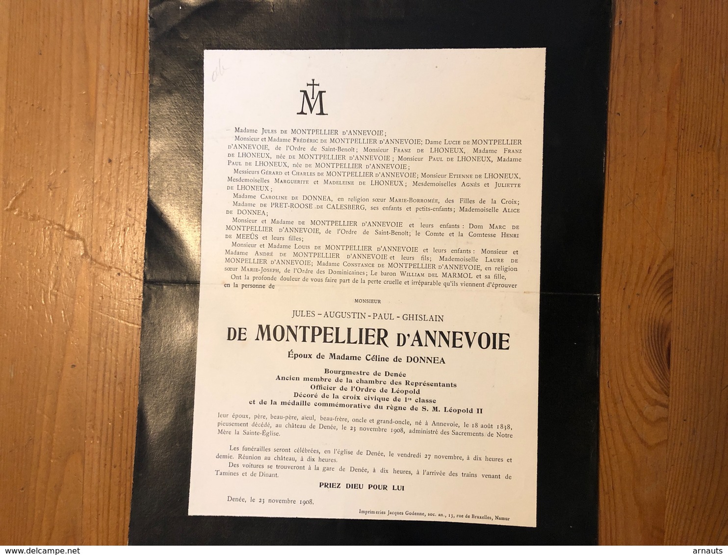 De Montpellier D’Annevoie épox De Donnea Céline Bourgmestre Denee Chambre Représentants *1838 Annevoie +1908 Denee Namur - Todesanzeige