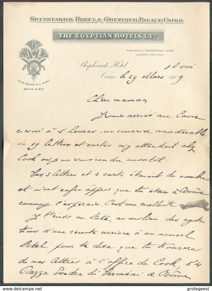 Illustrated Enveloppe (The Egyptian HOTELS Ltd) With Content SHEPHEARD'S HOTEL CAIRO Cancellation SHEPHEARD'S HOTEL CAIR - 1866-1914 Ägypten Khediva