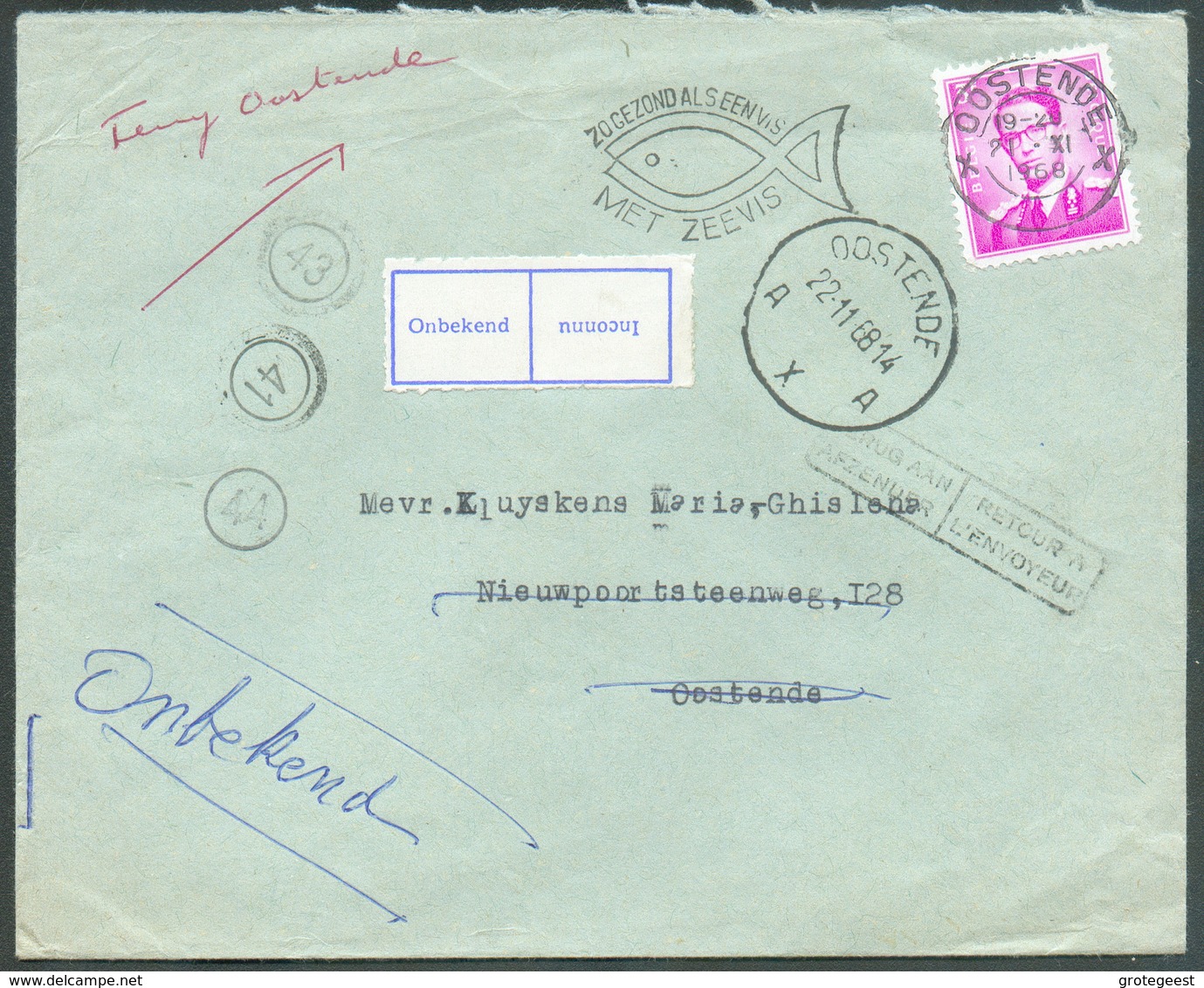 Belgium 3Fr. Baudouin Canc. OOSTENDE X  On Enveloppe 22-11-1968 To Oostende + Hs ZOGEZOND ALS EEN VIS MET ZEEVIS (FISH) - Vissen