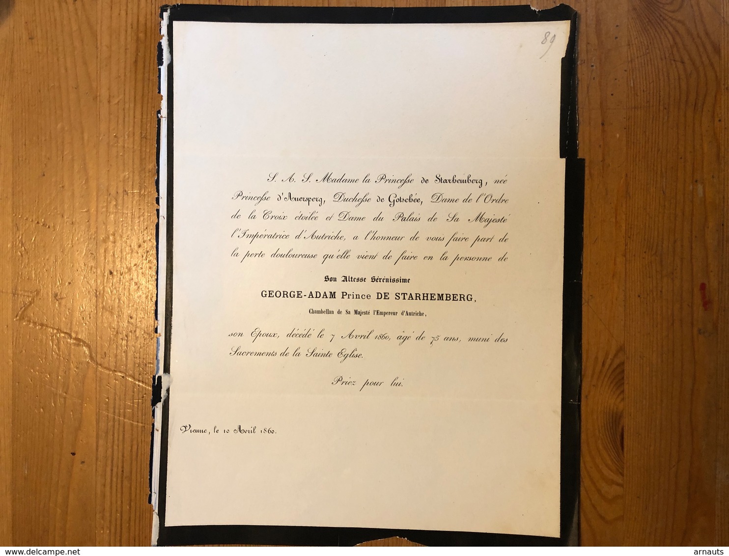 George Adam Prince De Starhemberg Chambellan Majesté Empereur Autriche +1860 Vienne 75 Ans D’Auersperg De Gotschee - Obituary Notices