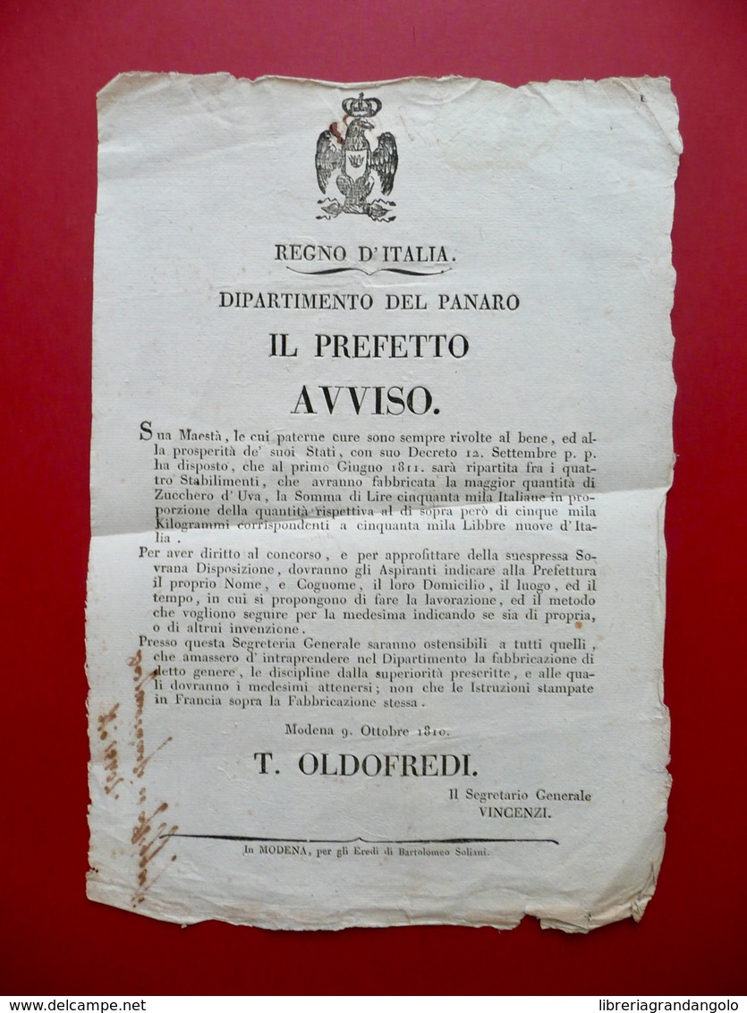 Avviso Regno D'Italia Dipartimento Del Panaro Produzione Zucchero D'Uva 1810 - Non Classificati