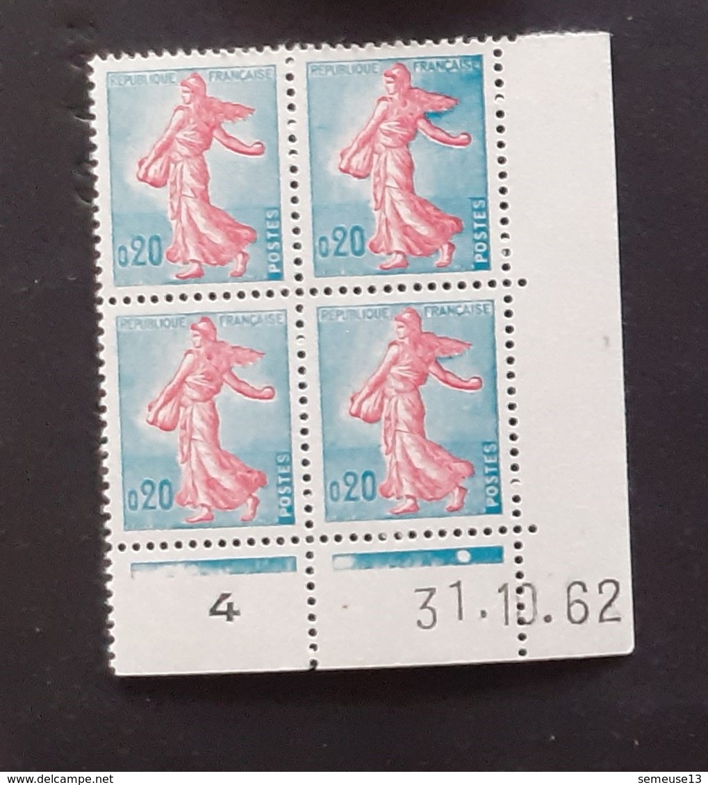 Semeuse 0 F. 20 Turquoise Et Rose 1233 En Bloc De 4 Coin Daté - 1903-60 Semeuse Lignée