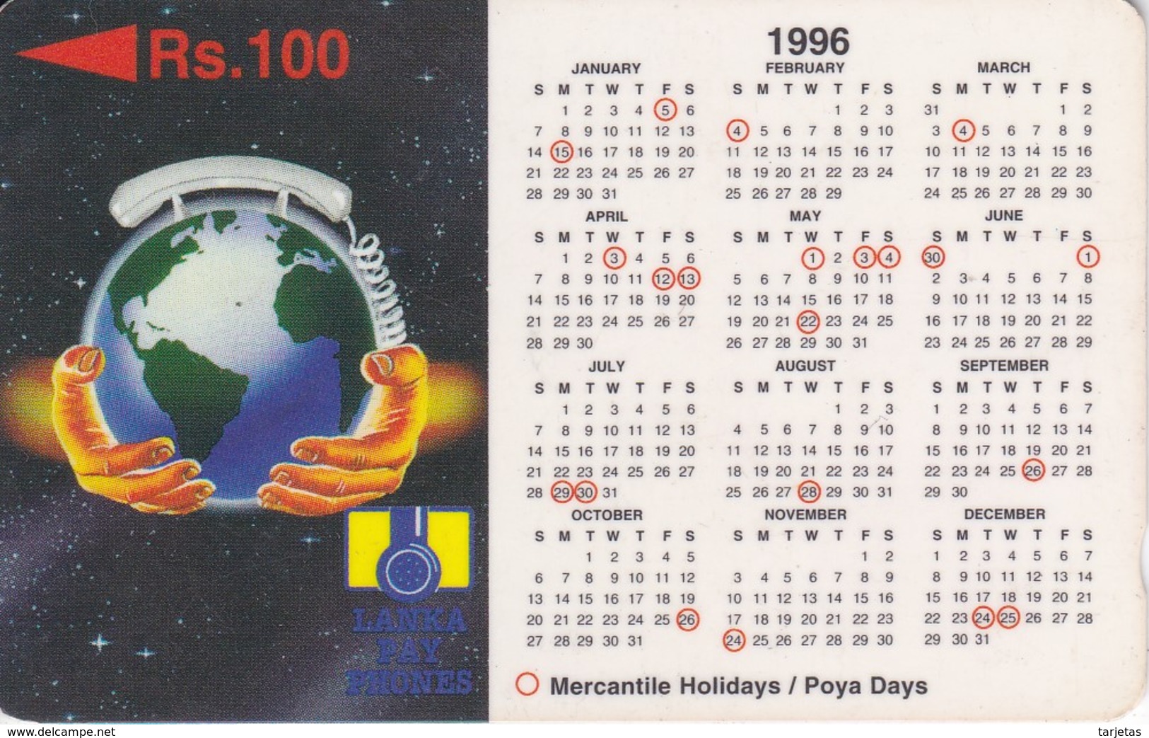 (19SRLA) TARJETA DE SRY LANKA DE Rs.100 CALENDARIO 1996 - Sri Lanka (Ceylon)