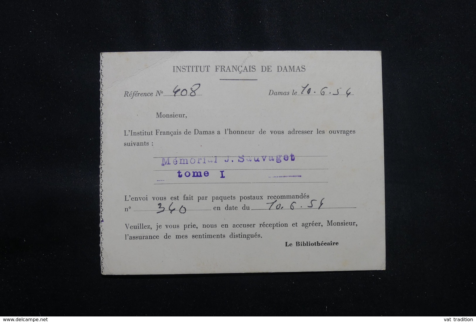 SYRIE - Carte De L 'Institut Français De Damas Pour La France En 1954, Affranchissement Plaisant - L 56717 - Syrie