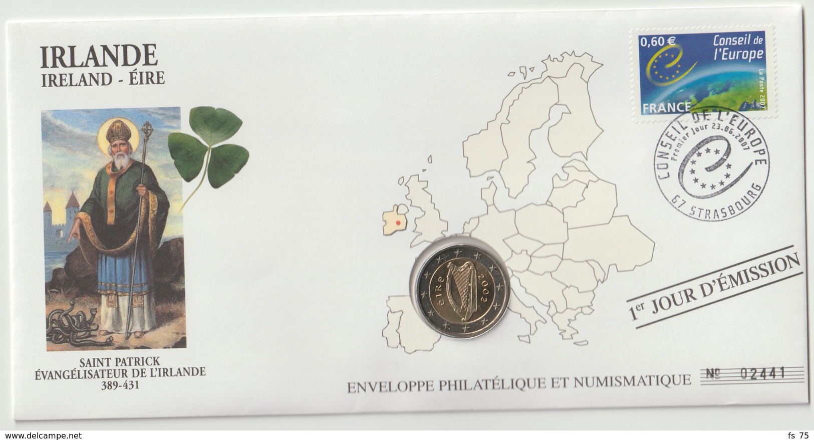 IRLANDE - 2 FDC PHILATELIE ET NUMISMATIQUE  - 1€ - 2€ X 1 -  2005/2007 - Irlanda