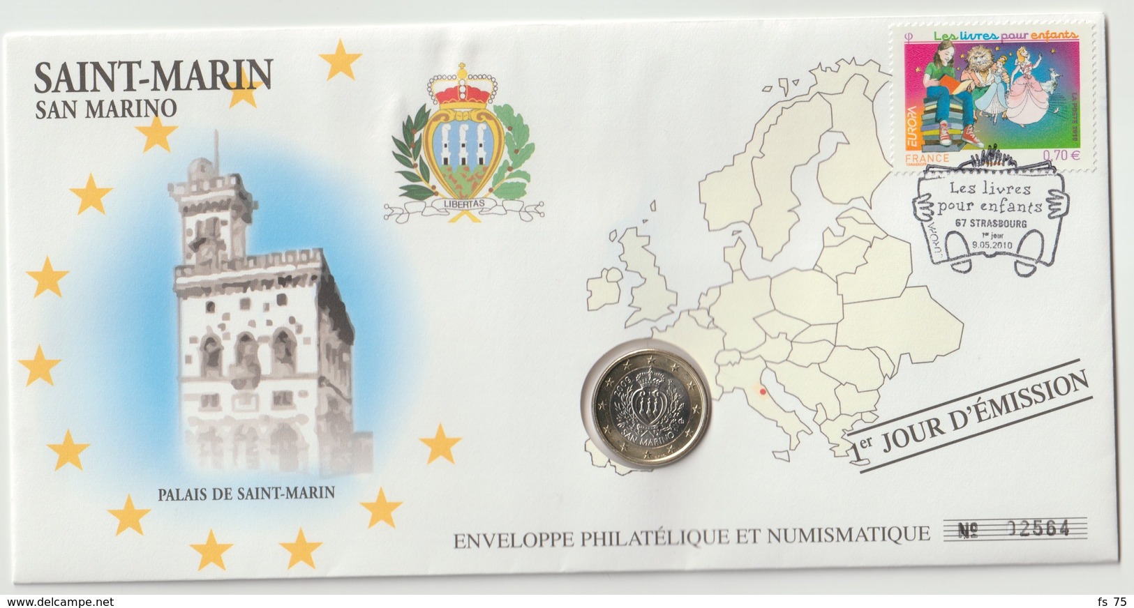 SAN MARINO - 2 FDC PHILATELIE ET NUMISMATIQUE  - 1€ - 2€ X 1 -  2010 - San Marino
