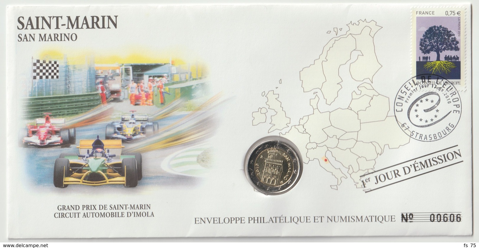 SAN MARINO - 2 FDC PHILATELIE ET NUMISMATIQUE  - 1€ - 2€ X 1 -  2010 - San Marino