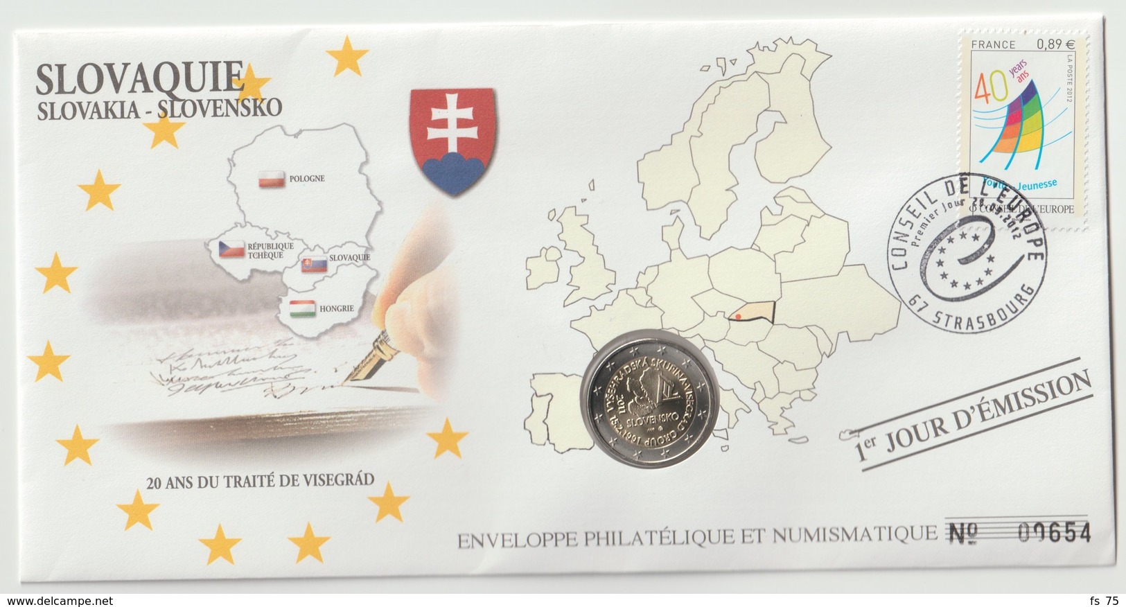 SLOVAQUIE - 4 FDC PHILATELIE ET NUMISMATIQUE  - 1€ - 2€ X 3 -  2009/2012 - Slovaquie