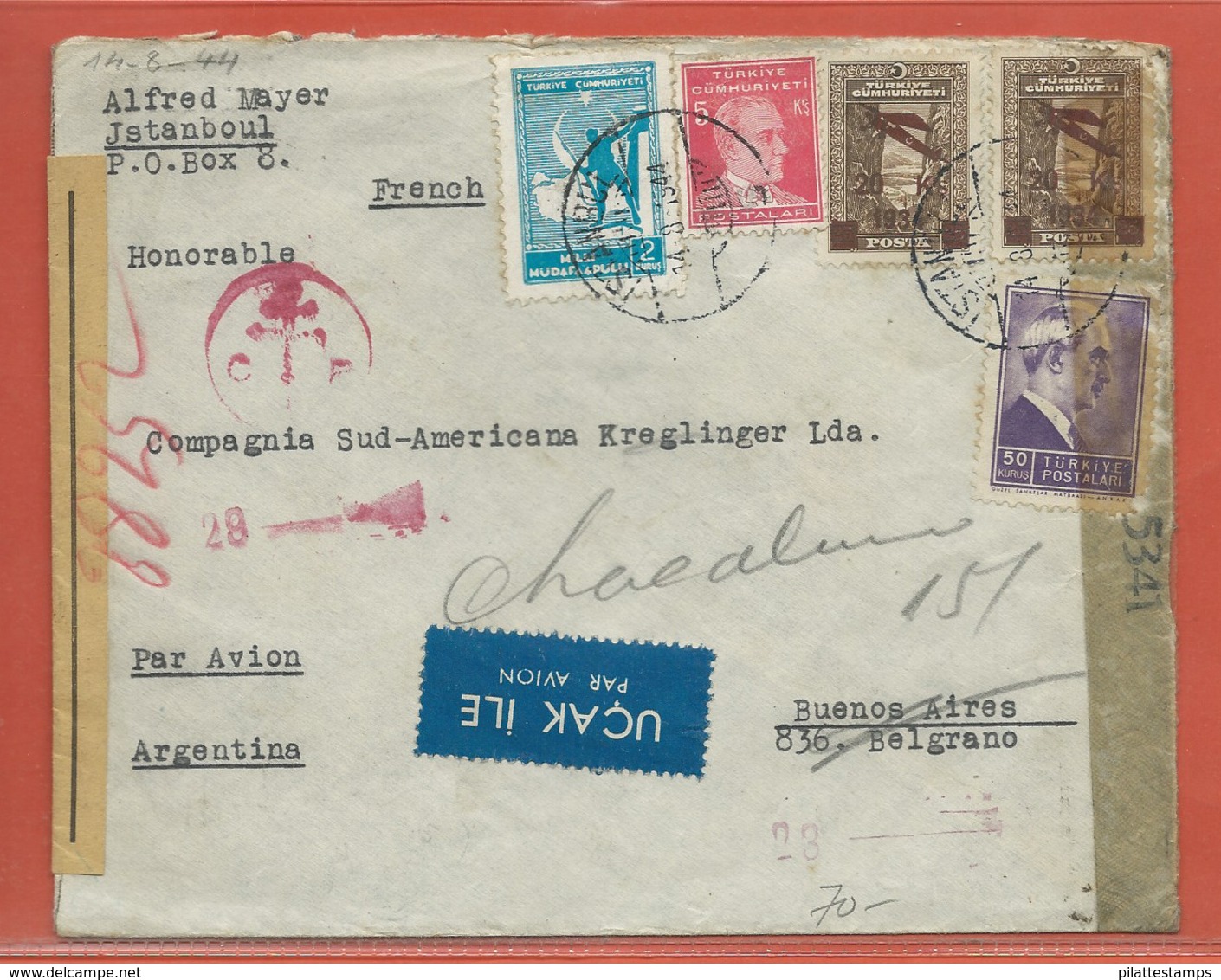 TURQUIE LETTRE CENSUREE DE 1944 DE ISTAMBOUL POUR BUENOS AIRES ARGENTINE - Covers & Documents